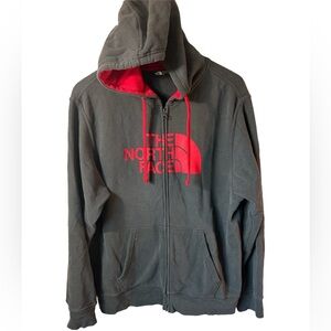 North Face men’s unisex zip up hoodie charcoal grey/red in size large. PNW